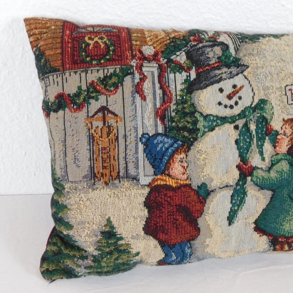 Christmas Tapestry Throw Pillow Snowman Kids Holiday Dr. Sled 15.5x11.5 Burgundy